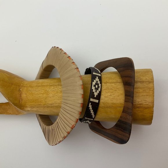 Set Lot 3 Handmade Bangles Bracelets Natural Wood and Woven Palm Tree Tribal - Picture 2 of 10